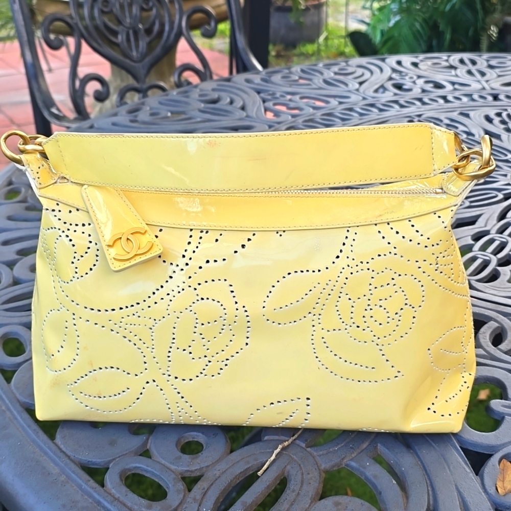 Chanel Cream Patent Leather Handbag.Approx. 7" t x 12" w x 4"